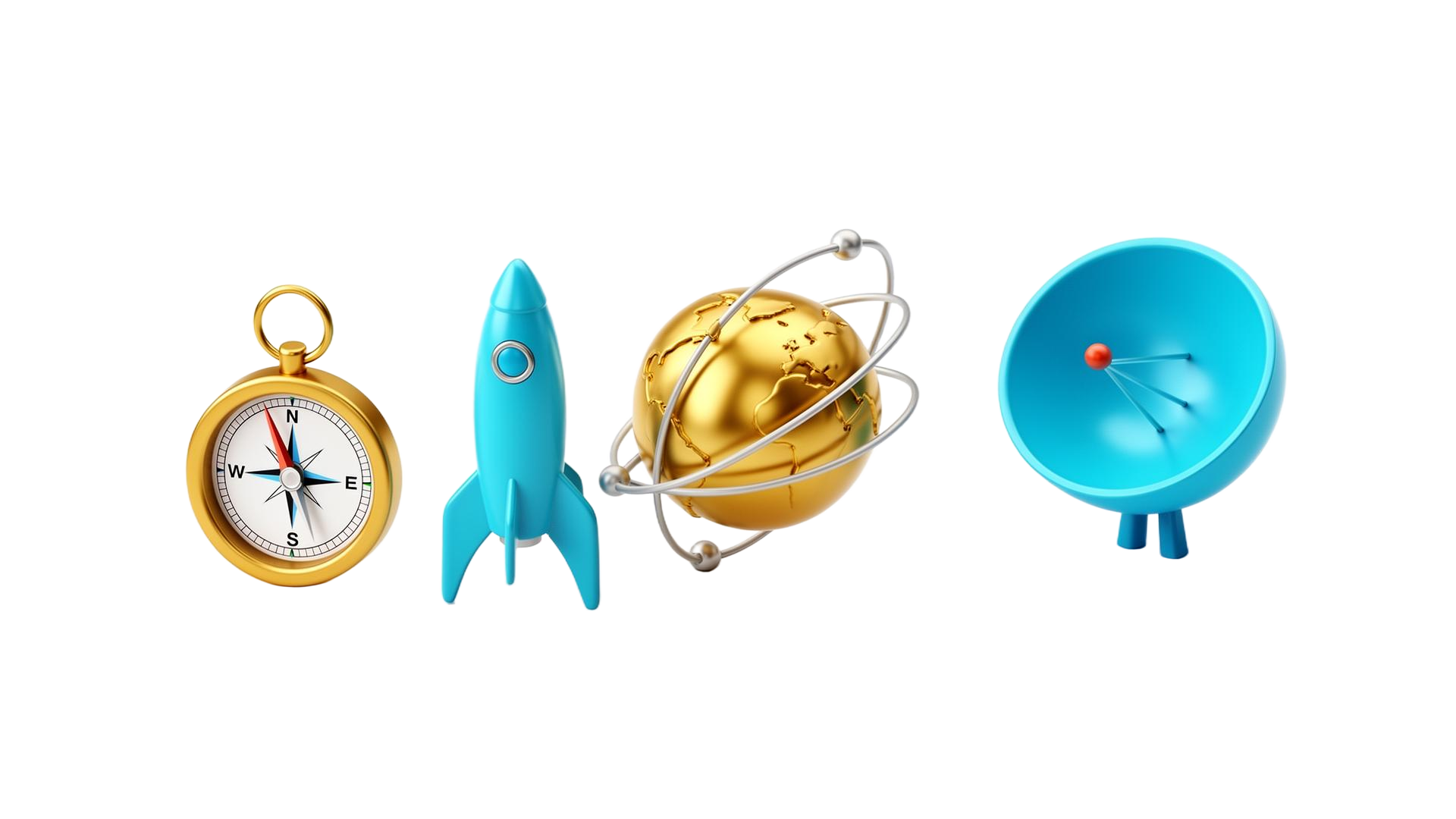 Conjunto de ícones 3D — bússola, foguete, globo e radar